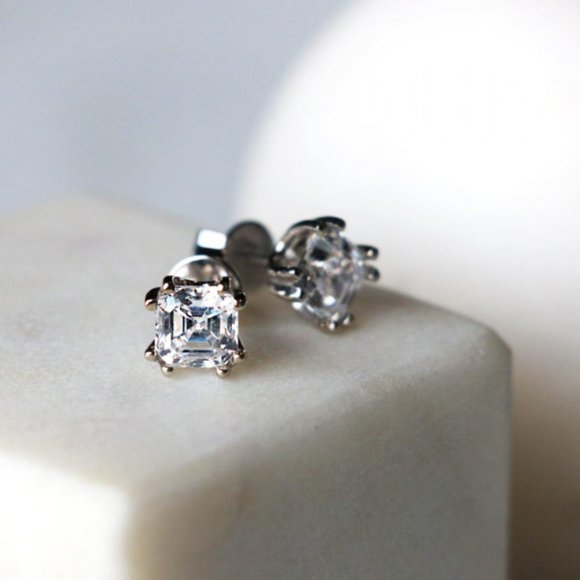 Asscher Cut Studs,Tension Back, Prong Set In Gold - Picture 3 of 6